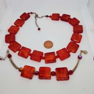 Red Dischroic Glass and gold Necklace and Bracelet Set